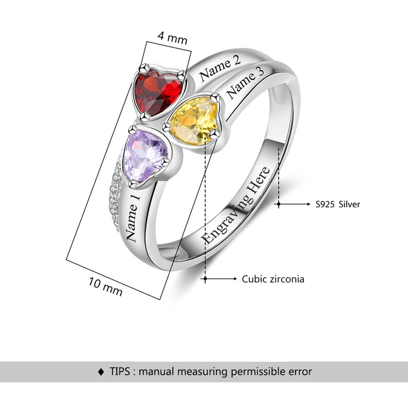 Personalized Family Name Rings with 3 Birthstones For Mother's Day Gift