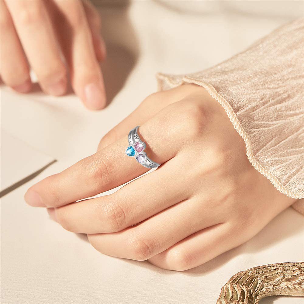 Personalized Family Name Rings with 3 Birthstones For Mother's Day Gift